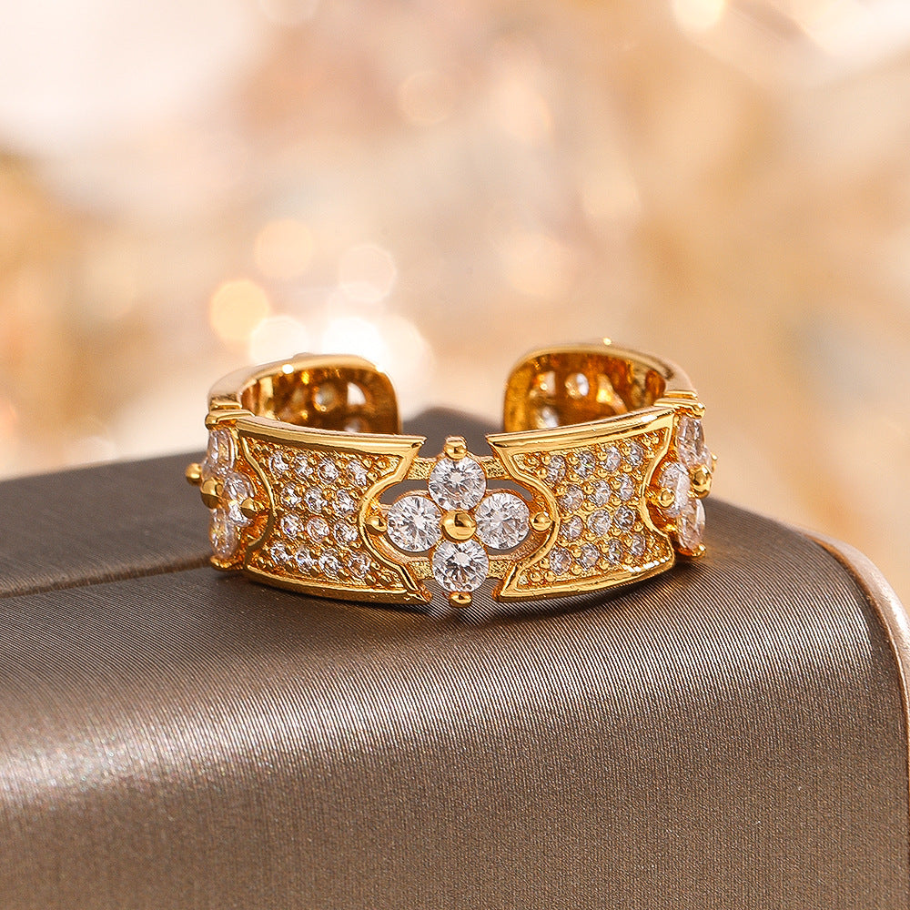 Wholesale Gold Electroplated Copper Four Leaf Clover Open Ring With Zircon Stylish Women S Fashion Jewelry Gift