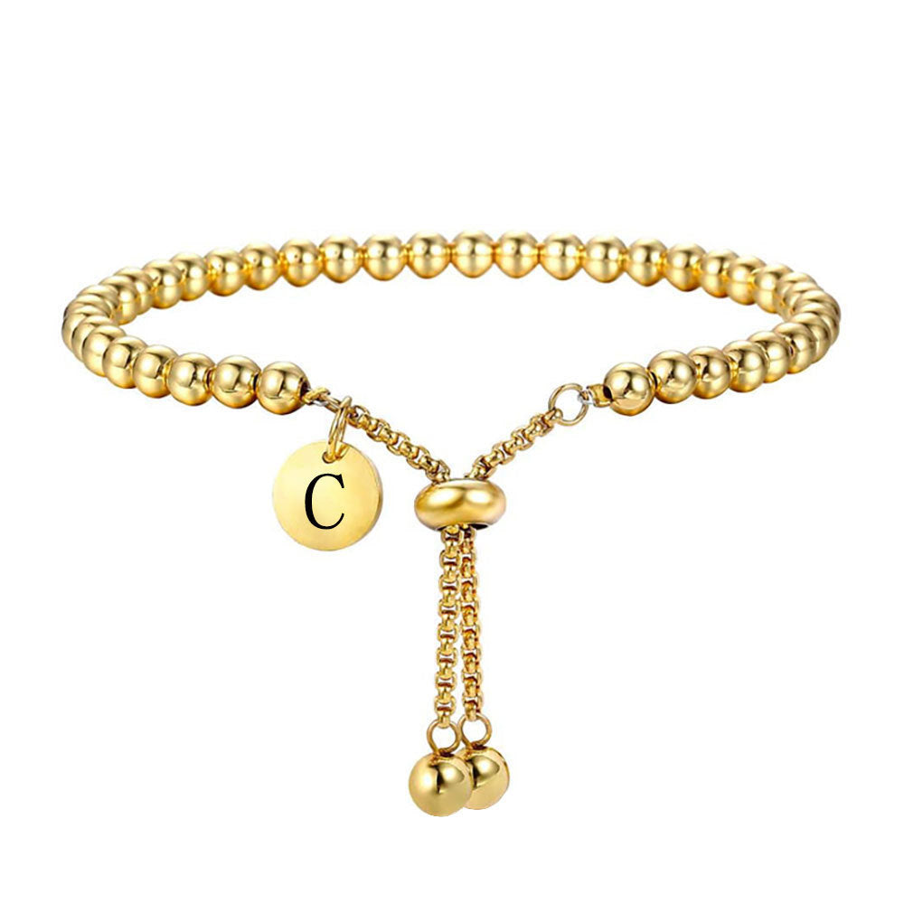 Wholesale  titanium steel fashion 26 letter tag adjustable round bead personality bracelet
