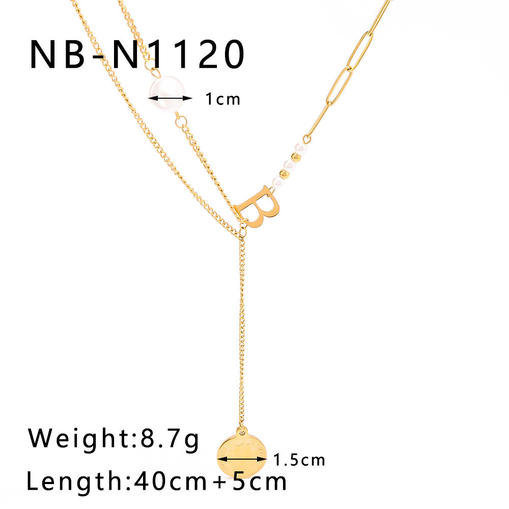 Wholesale  Baroque Goddess Head Pendant Flat Pearl Letter Asymmetric Double Chain Necklace