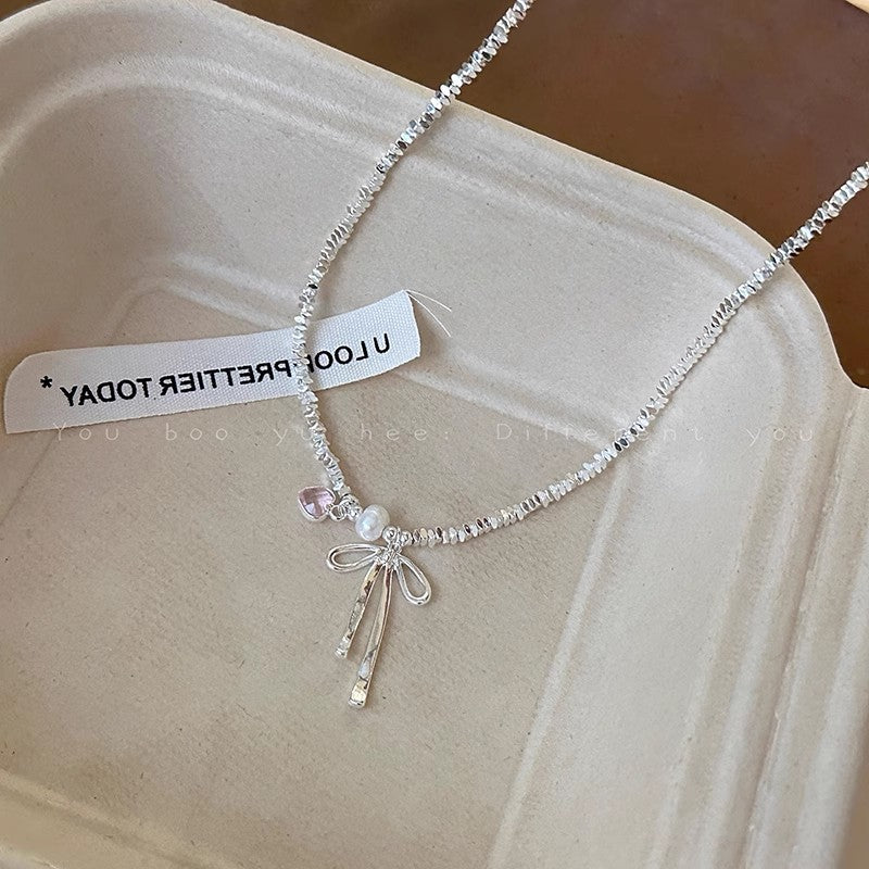 Wholesale Broken Silver Bow Pearl Necklace  Light Luxury  Clavicle Chain