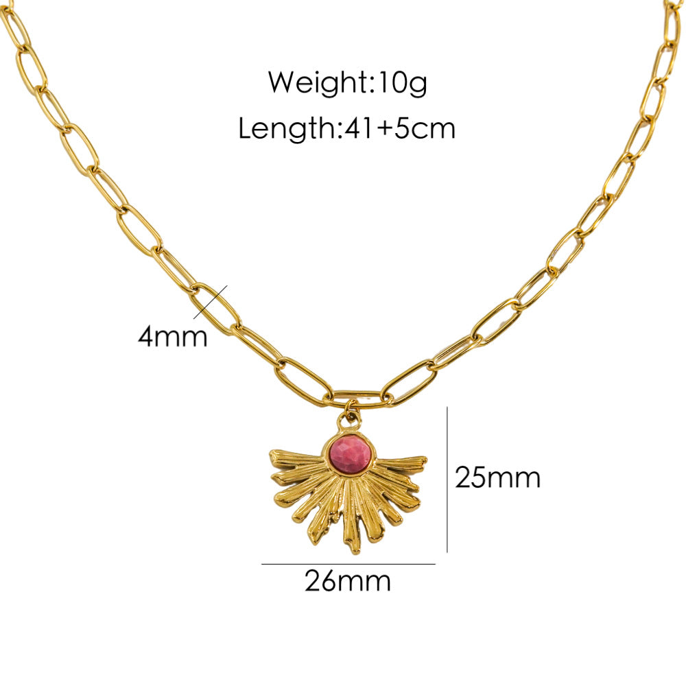 Wholesale Thick chain titanium steel pendant necklace 14K gold inlaid shell natural stone necklace