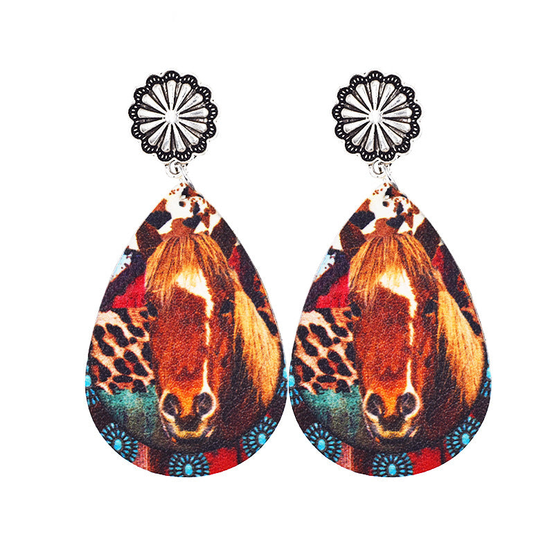 Wholesale Western Denim distressed style sunflower leopard leather earrings