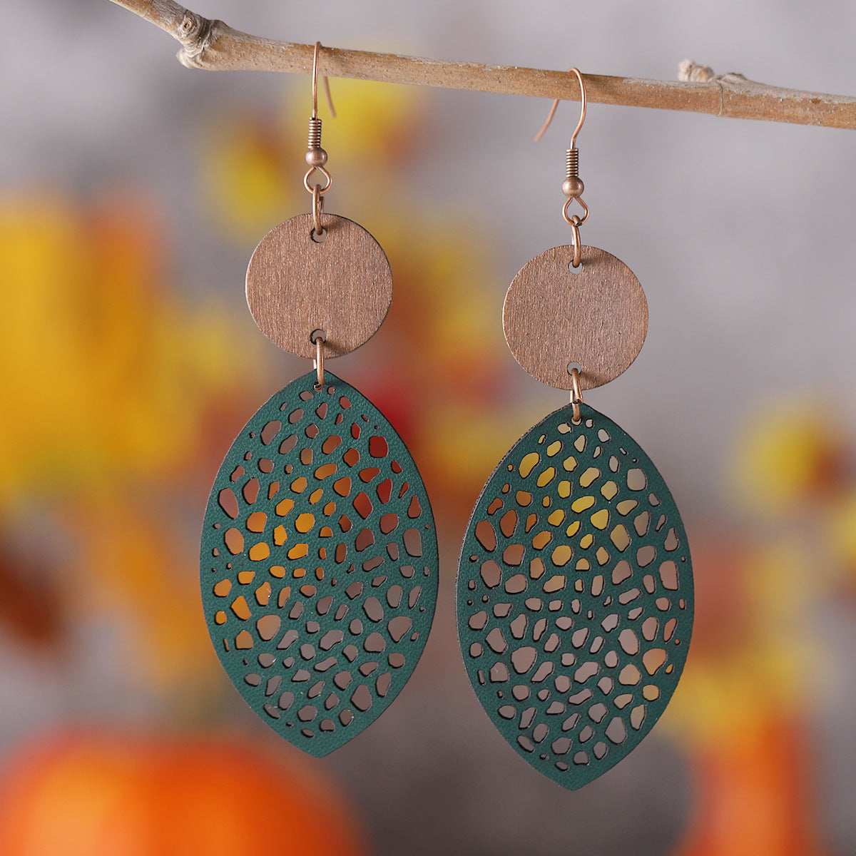 Wholesale  hollow oval wood combination leather earrings