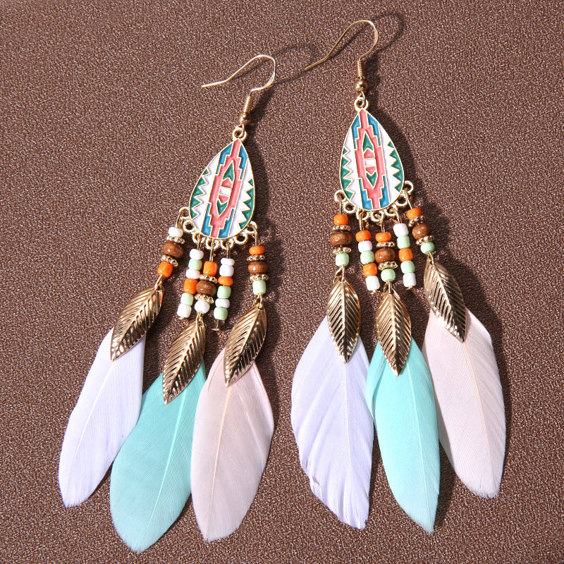Wholesale Water Drop Tassel Feather Earrings Long Bohemian Rice Bead Earrings ACC-ES-Gumi006