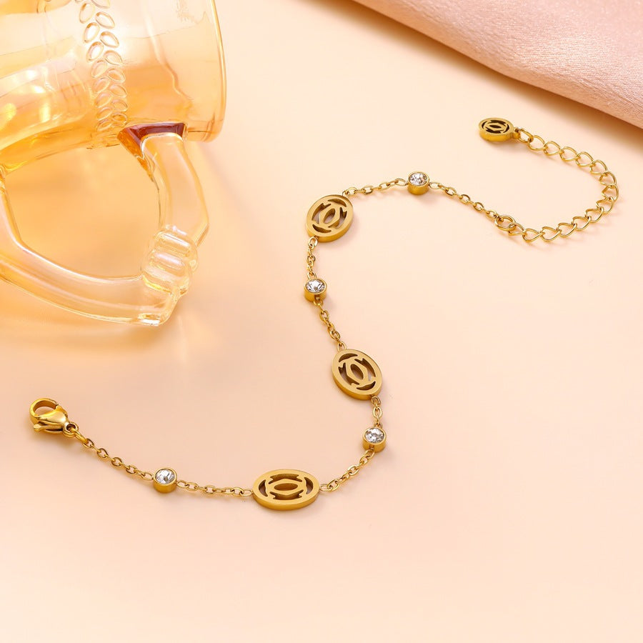Wholesale Oval Letter Charm Stainless Steel Bracelet with Rhinestones Boutique Jewelry Accessory