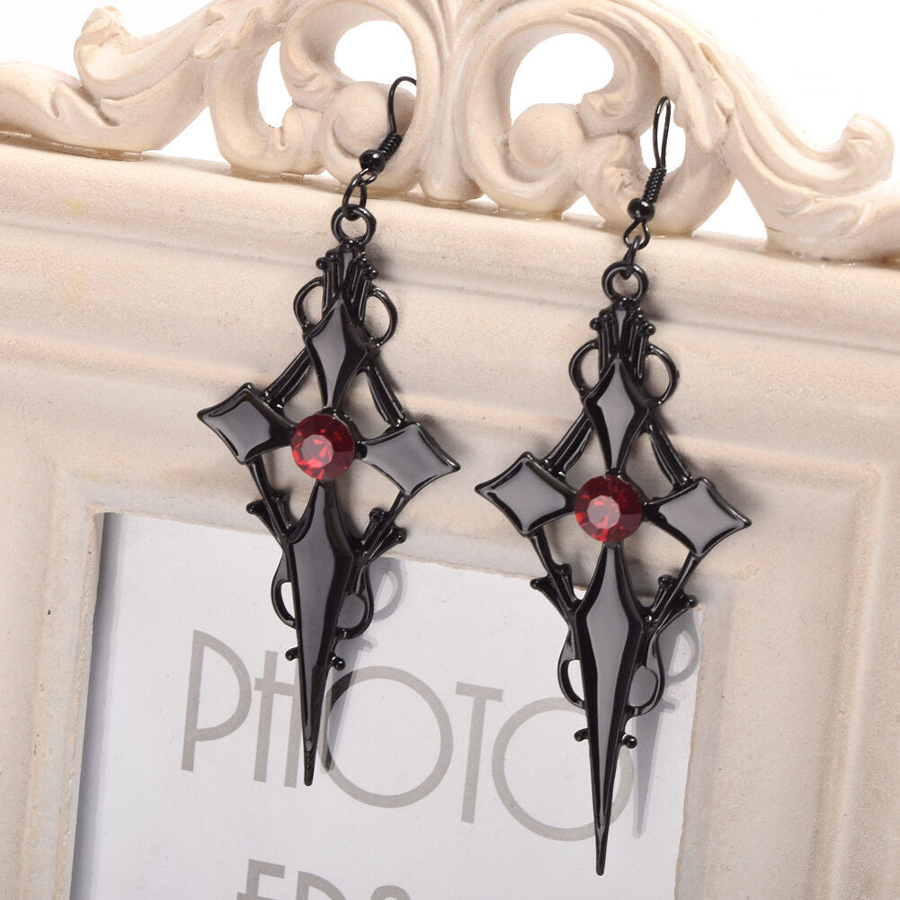 Wholesale Gothic  Punk Style Cross Pattern Metal Red Rhinestone Necklaces Earrings