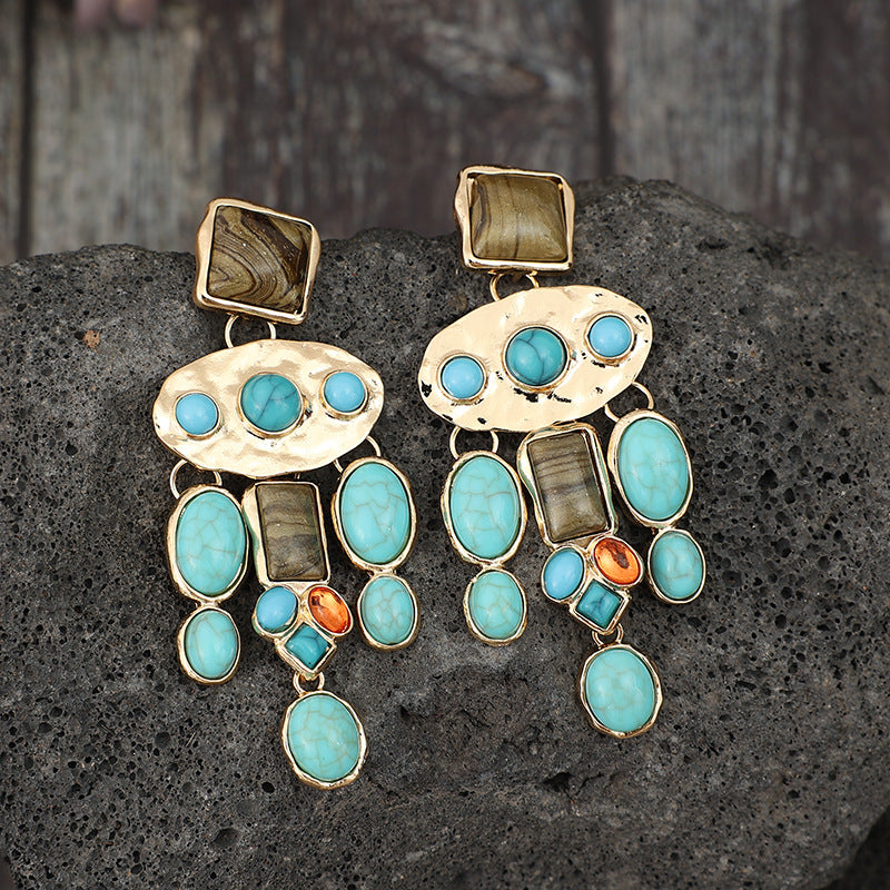 Wholesale Personality Ethnic Style Inlaid Turquoise Earrings Long Earrings