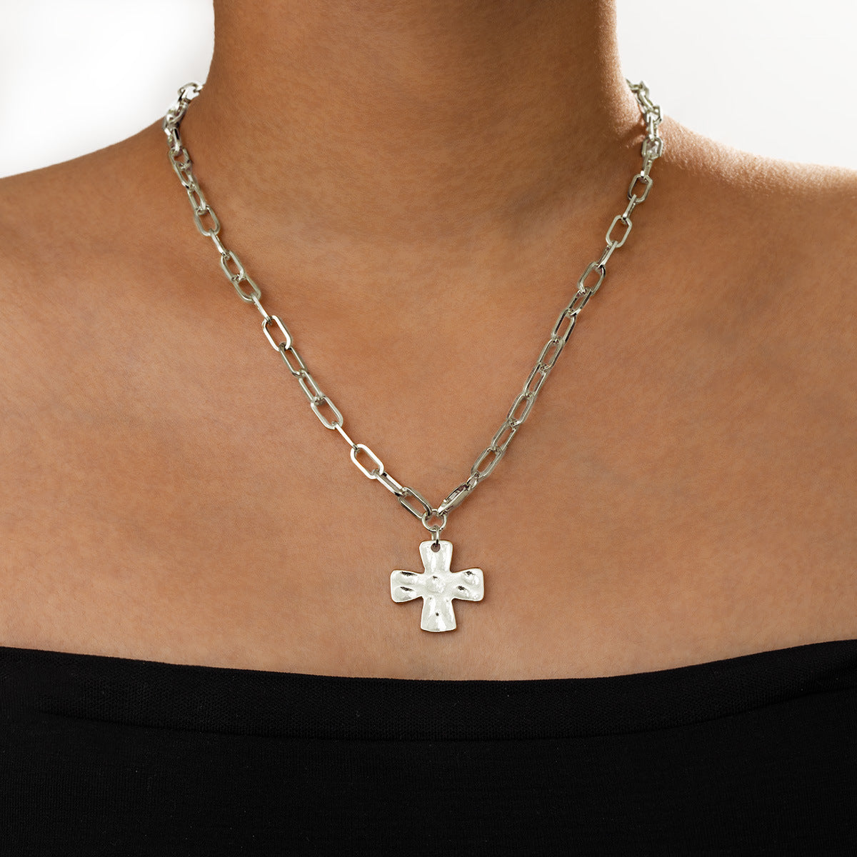 Wholesale  two-tone cross pendant paperclip chain necklace