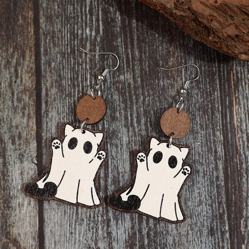 Wholesale  Ghost Cat Wooden Quirky and Cute Earrings