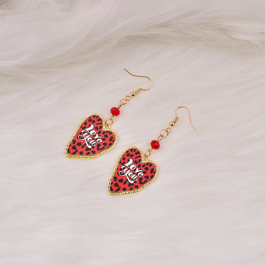 Wholesale Exaggerated Stylish Leopard Print Heart Valentine' s Day Love Letter Earrings