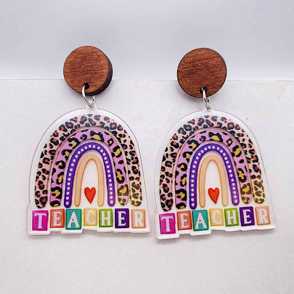 Wholesale Teacher' s Day Leopard Print Pencil Ruler Acrylic Earrings
