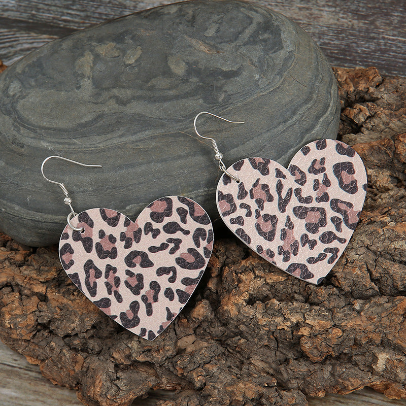 Wholesale Valentine's Day Love Leather Earrings Creative Heart-shaped Double-sided Leopard Print Pu Earrings