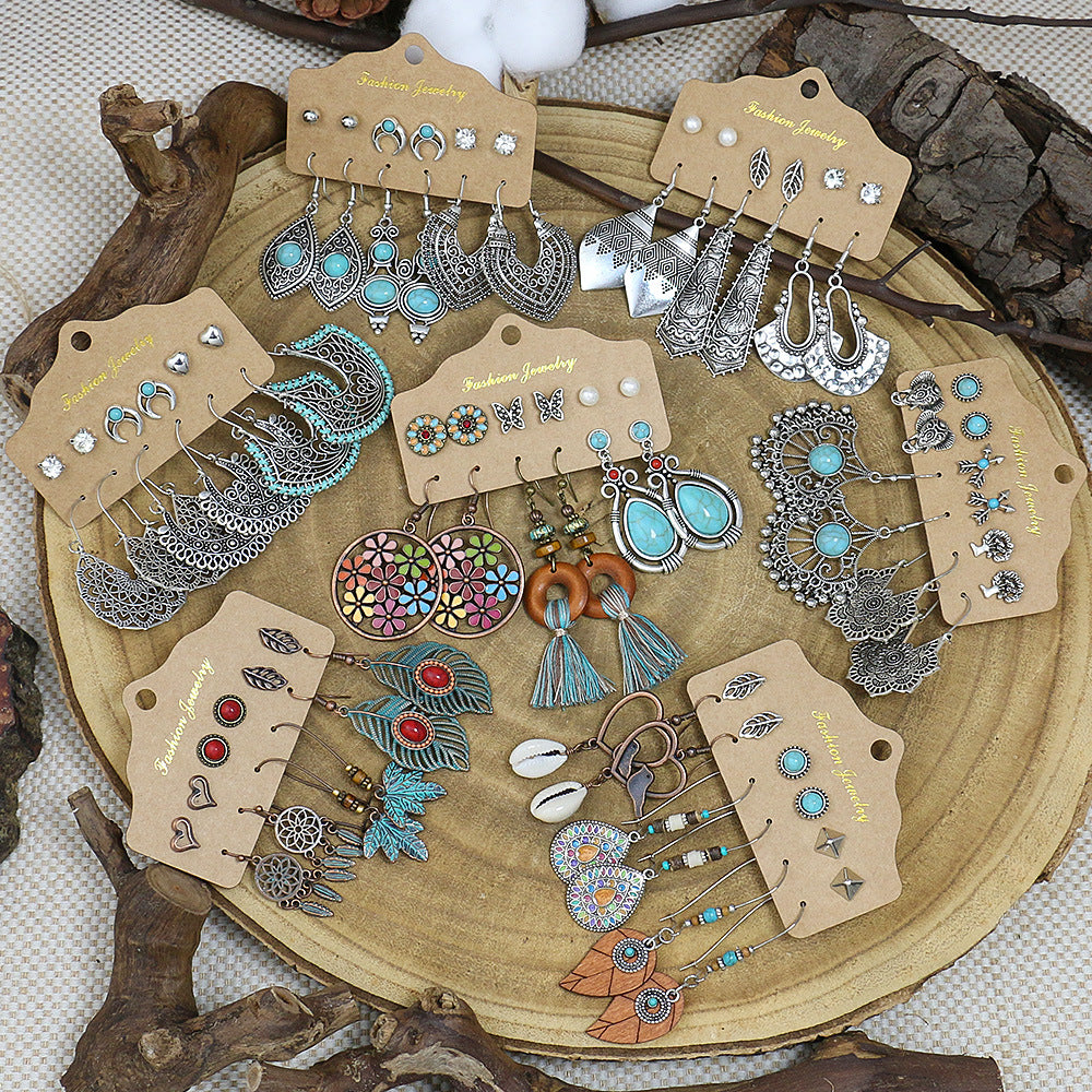Wholesale Vintage Turquoise Lantern Flower Earrings 6-Piece Set,  Alloy Electroplated Jewelry for Everyday Wear Gift