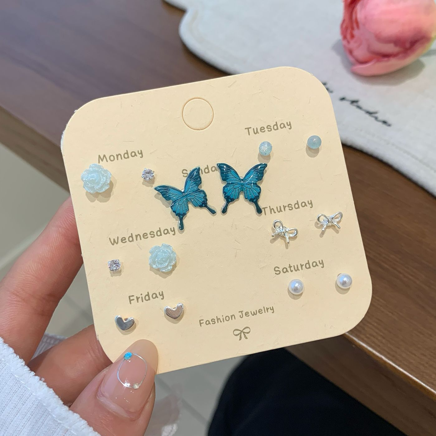 Wholesale Autumn Colorful Butterfly Flower Pearl Earring Set Silver Needle Small Sweet Earrings