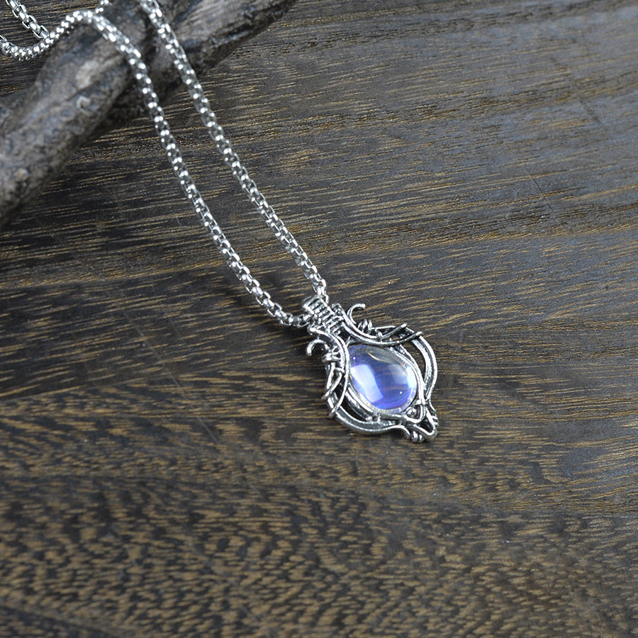 Wholesale Retro Moonstone Style Hollow Teardrop Pendant Necklace Antique Silver Tone Zinc Alloy Fashion Layering Jewelry Gift Boutique Resale