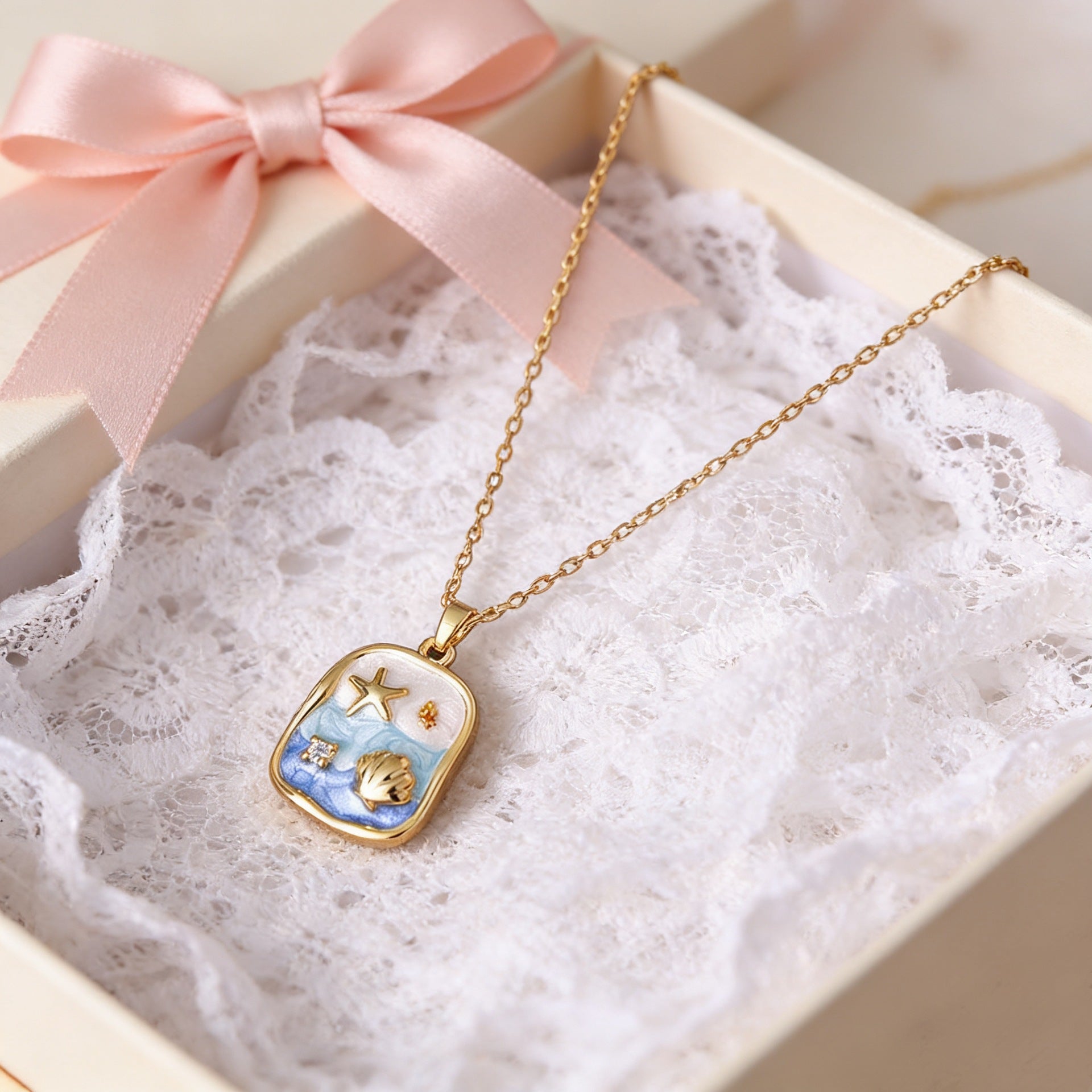 Wholesale Ocean Series Oil Painting Drip Enamel Painted French Diamond-Inlaid Clavicle Necklace