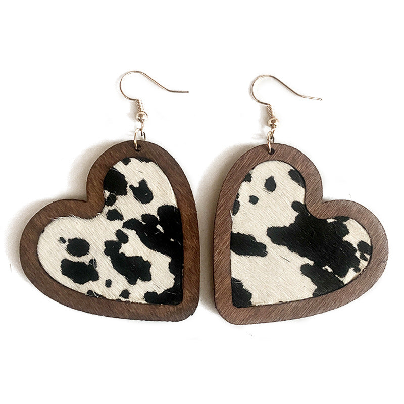 Wholesale Leopard Pattern Cow Pattern Heart Shaped Wooden Earrings ACC-ES-XinChuan010