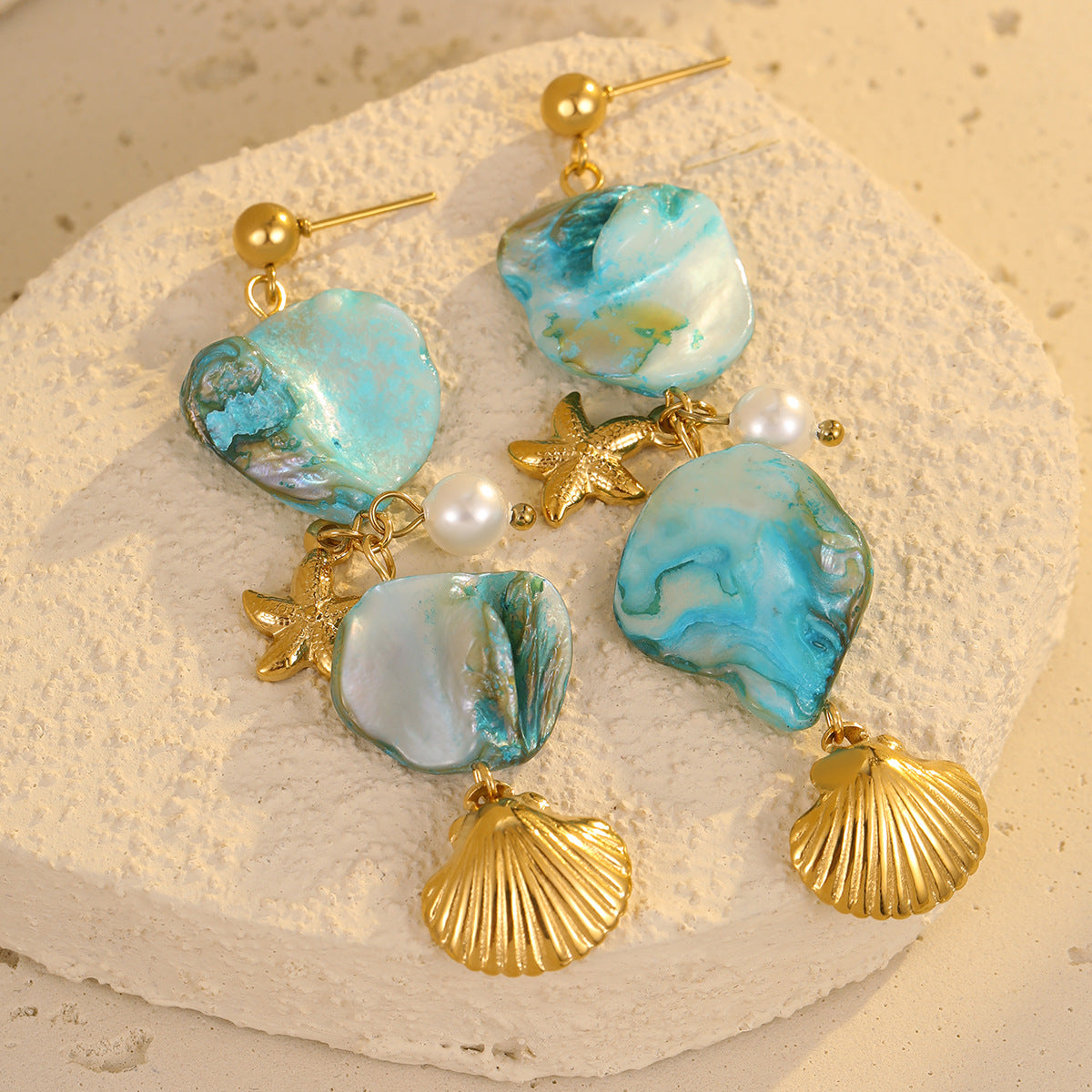 Wholesale Bohemian Beach Style Shell Starfish Stainless Steel Tassel Pearl Pendant Earrings