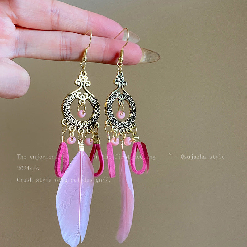 Wholesale Alloy Blue Feather Earrings,  Bohemian Tassel Jewelry Accessory for Beach Vacation