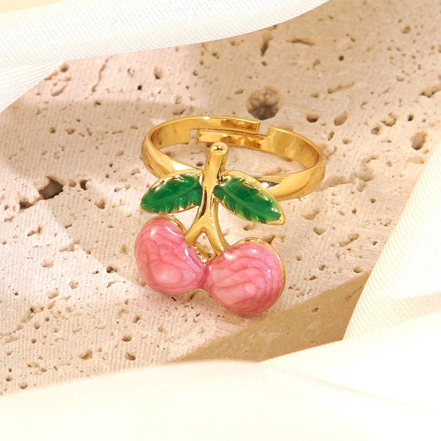 Wholesale cherry oil drop ring  fruit series stainless steel ring