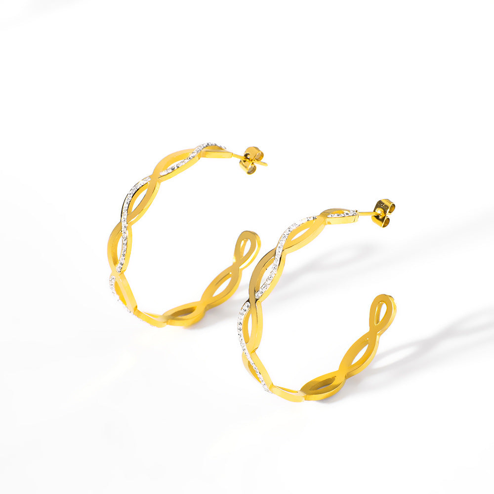 Großhandelskreis C-formed Twist geflochtener Haken verpackter Zirkon glänzender Edelstahlohrringe