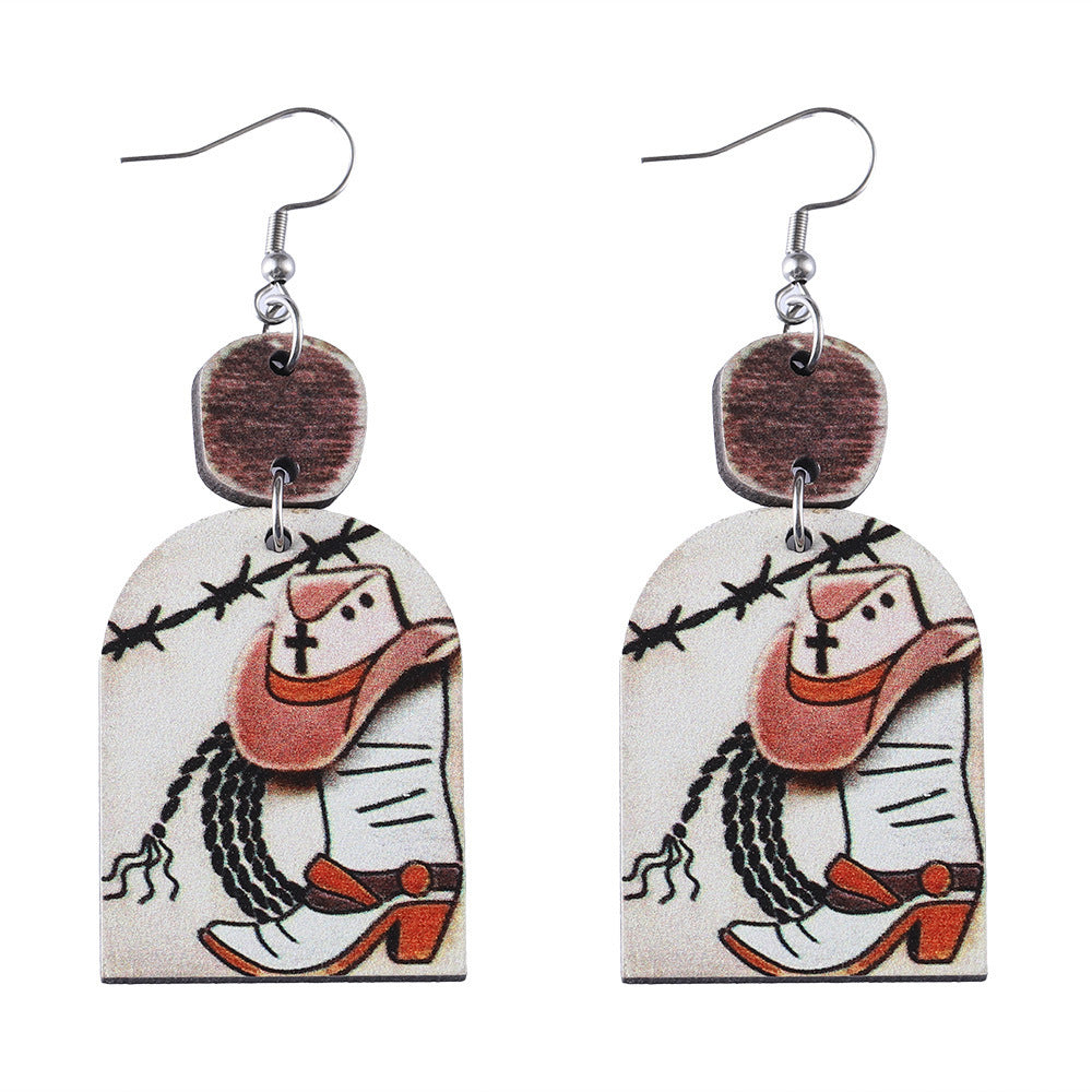 Wholesale Western cowboy hat cowboy boots cartoon girl distressed stitching pendant earrings