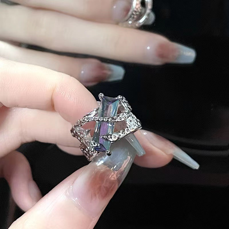 Wholesale Retro Red Geometric Gemstone Design Ring for Men and Women Niche Personality Punk Dark Hollow Texture Metal Ring