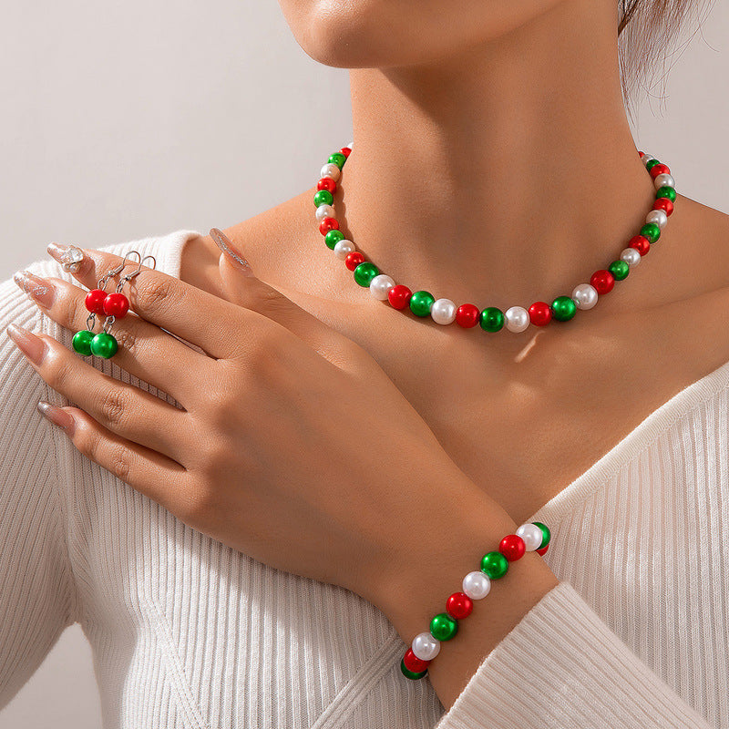 Wholesale Christmas  Cute Red and Green Bells Beaded Three-piece  Earrings Necklace Bracelet Jewelry