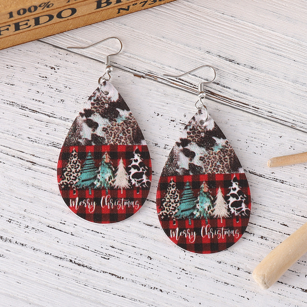 Wholesale Christmas Leopard Cow Plaid Christmas Tree Water Drop PU Leather Earrings ACC-ES-ChuLian068
