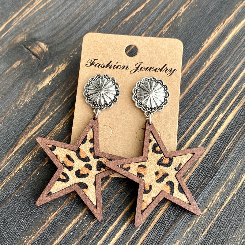 Wholesale Western Denim five-pointed star leather earrings