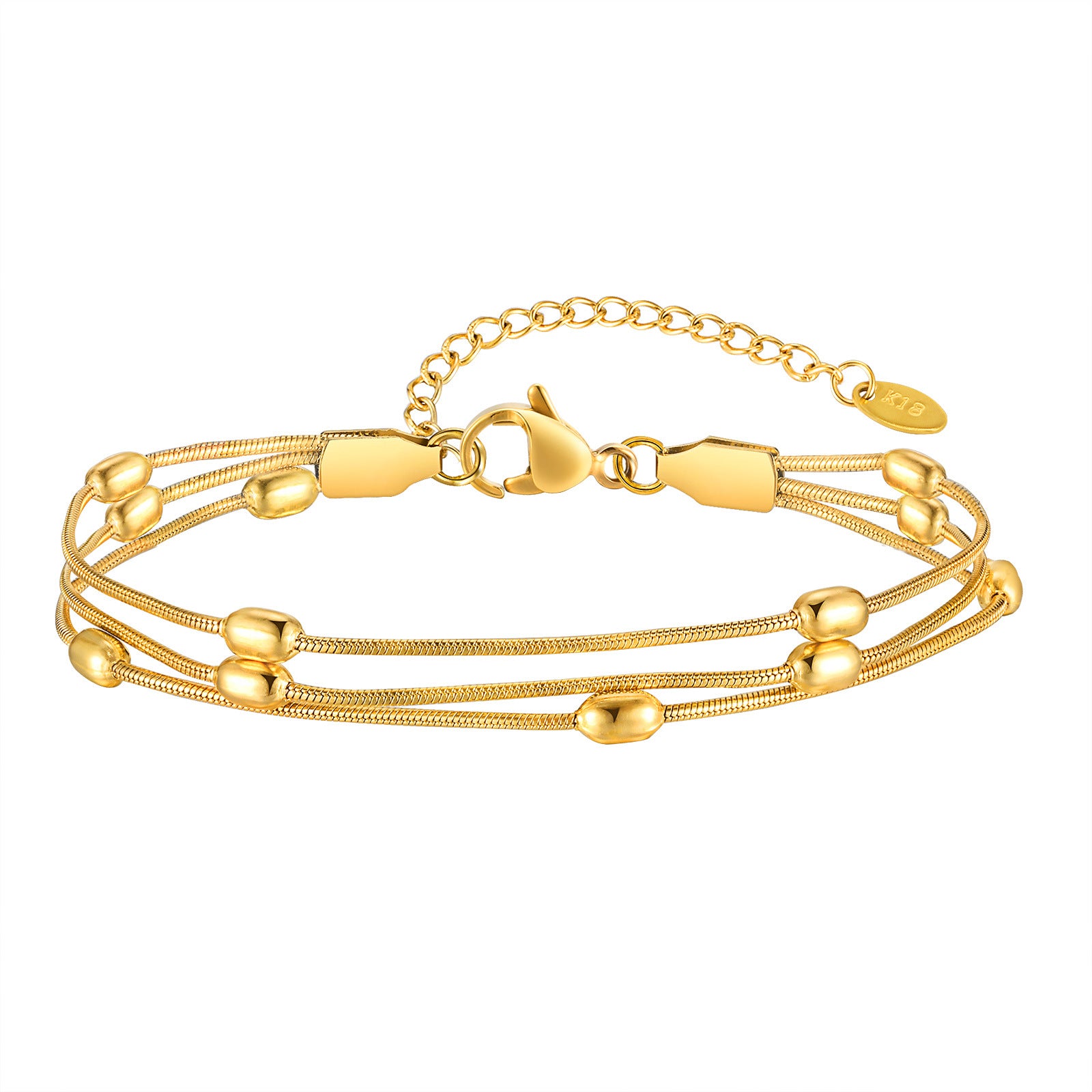 Wholesale Trendy Gold Bracelet For Women Stainless Steel Snake Chain Three Layer Rice Beads Fashion Jewelry Gift