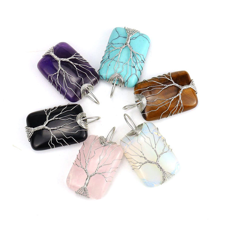 Wholesale Handmade Wire Wrapped Rectangular Tree Of Life Pendant Necklace Natural White Crystal Agate Jewelry Accessory For Resale