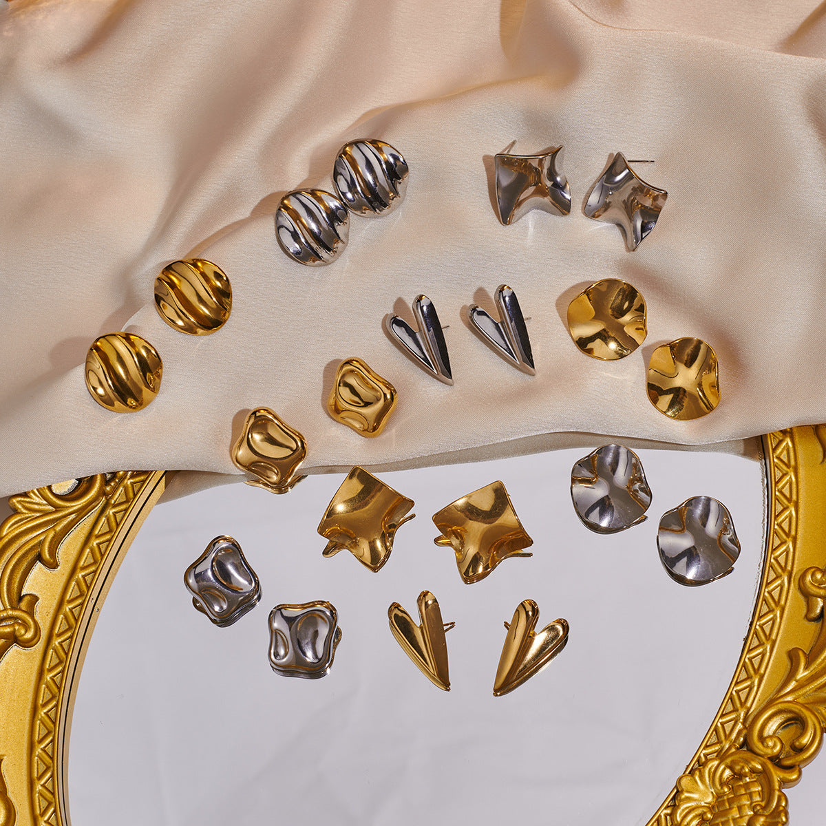 Wholesale Glossy Irregular Shaped Geometric Pleated Origami Love Round Earrings Stainless Steel Earrings ACC-ES-Hongx005