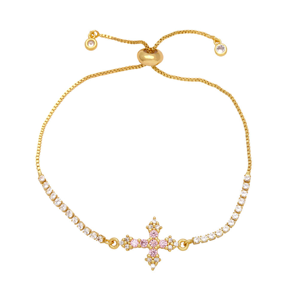 Wholesale Copper bracelet with zircon-encrusted cross pendant