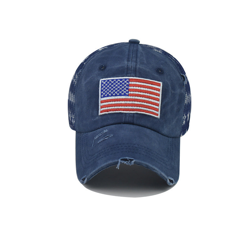 Wholesale Pure cotton washed hole five-pointed star American flag baseball cap