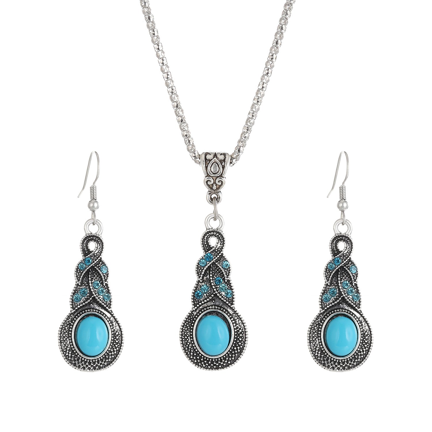 Wholesale vintage suit blue crystal inlaid turquoise earrings necklaces