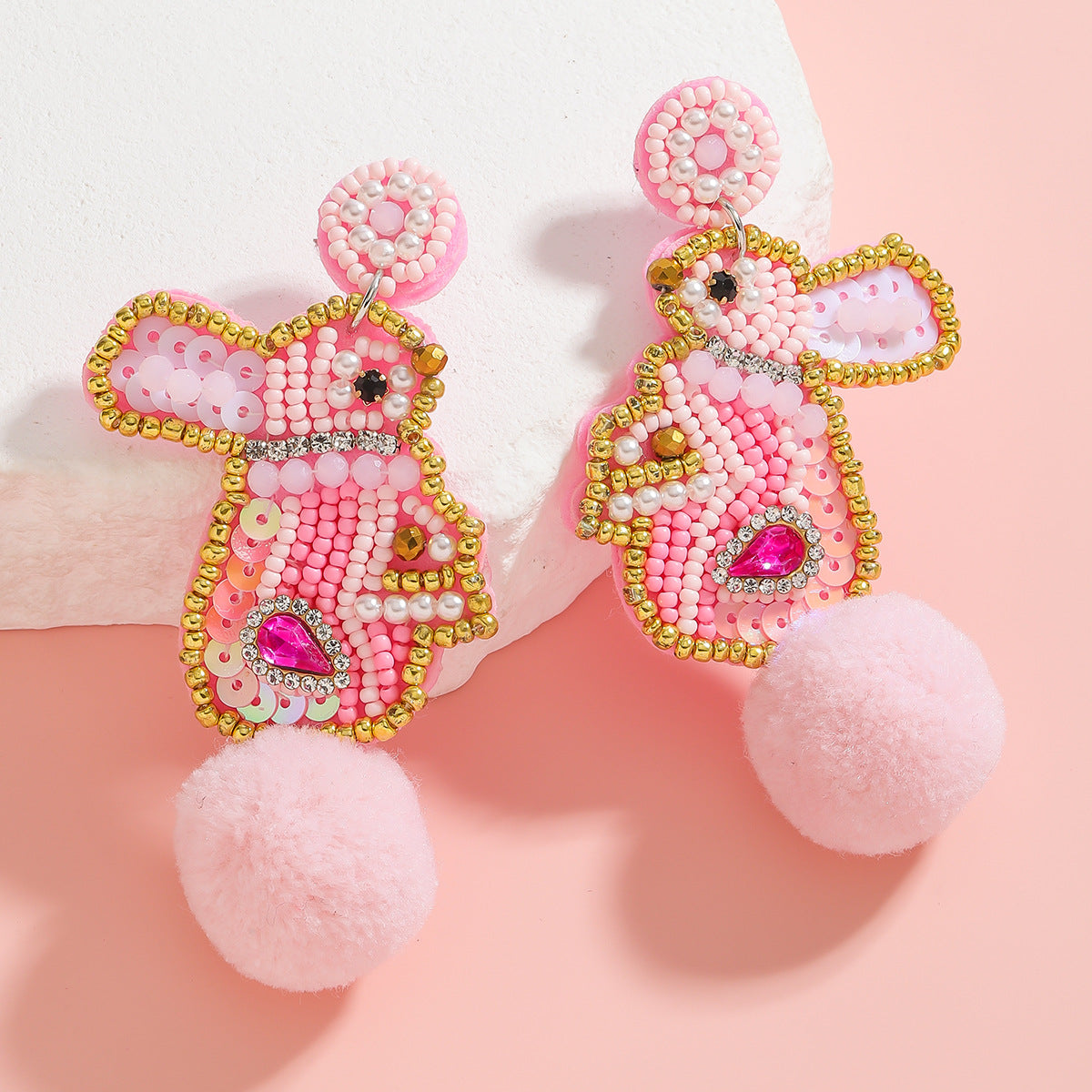 Wholesale cute handmade rice beads pink bunny easter earrings
