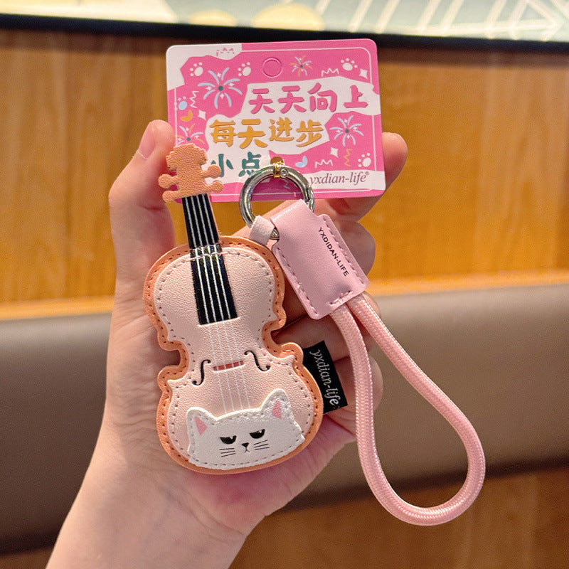Wholesale Leather Cat Guitar Keychain Decorative Accessory Music Lover Gift With Anti Counterfeit Card