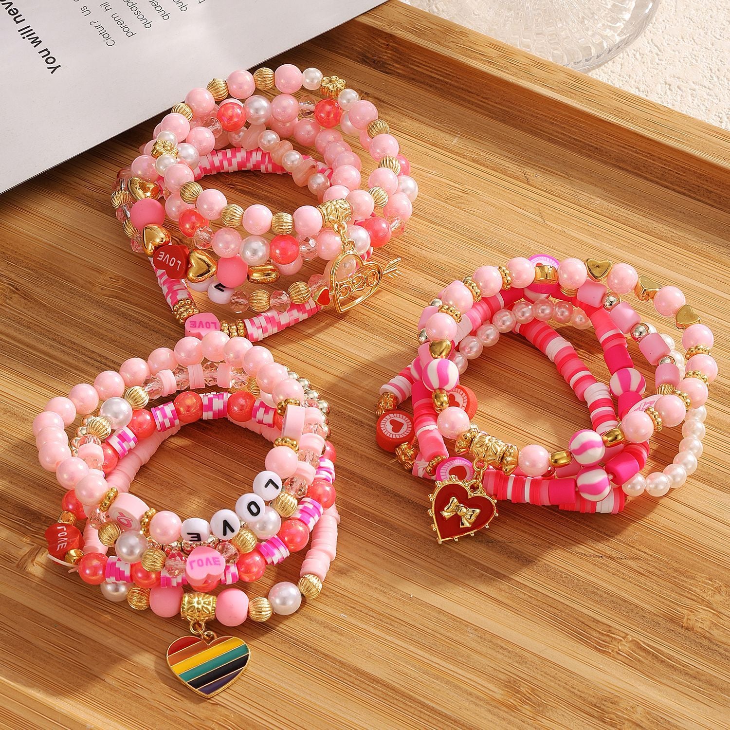 Wholesale LOVE Heart Shaped Polymer Clay Bead Bracelet Multi Layer Stretch Elastic Valentine S Day Gift Chic Jewelry Accessory For Boutique Resale