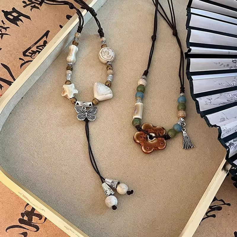 Wholesale Vintage Butterfly Necklace Sweater Chain Ceramic Flower Beaded Necklace ACC-NE-Miaosi015