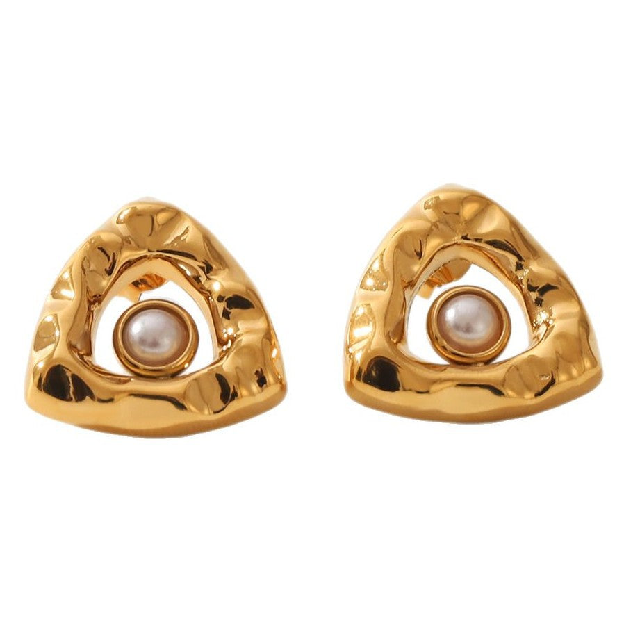 Wholesale stainless steel earrings fashion  inlaid pearl hollow triangle earrings