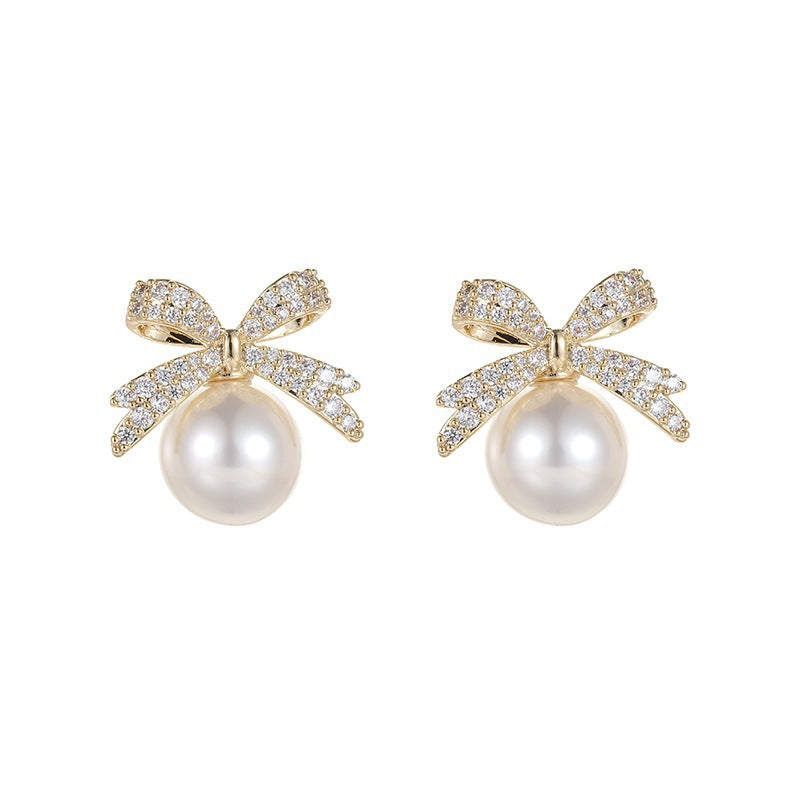Wholesale Full Diamond Sweet Bow Pearl Earrings
