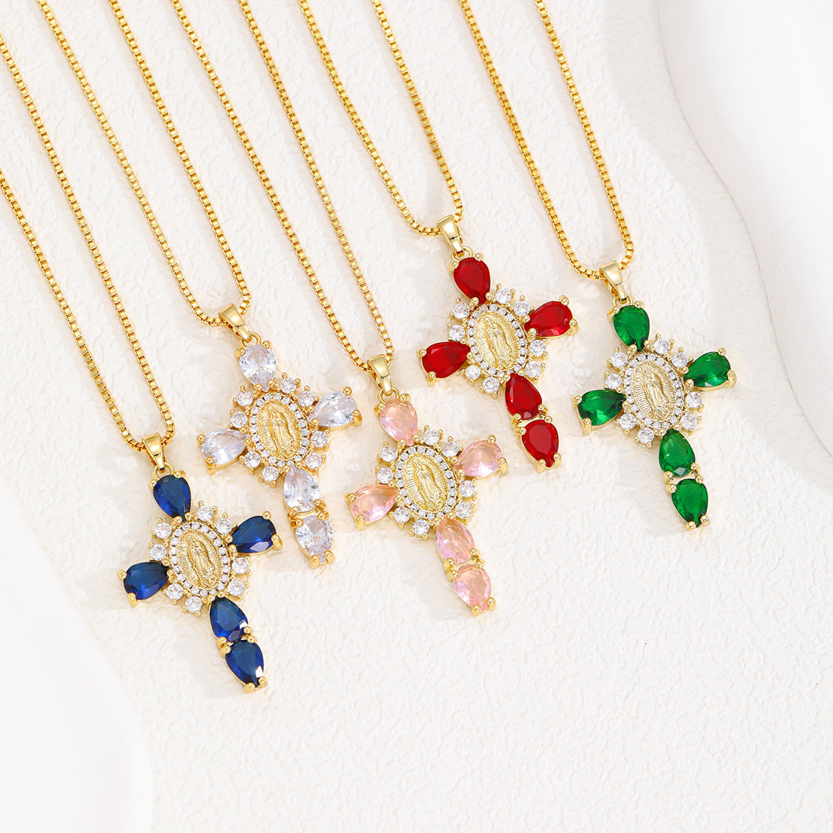 WholesaleJewelry Virgin Mary Cross Pendant Copper Inlaid with Zircon Temperament Versatile Cross Necklace Yiwu Accessories