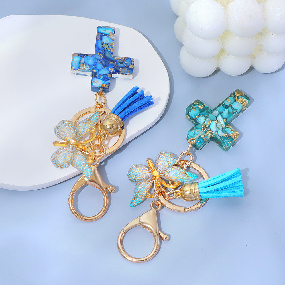 Wholesale Little Fresh Resin Butterfly Cross Keychain Tassel Bag Pendant Boutique Resale