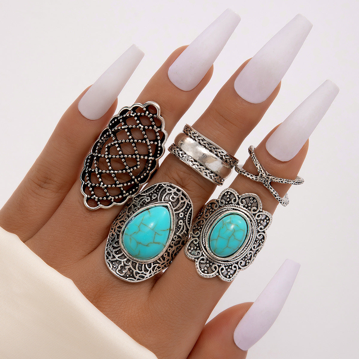 Wholesale Retro Turquoise Cross Hollow Ring Set - 5 Pcs Fashion Accessory for Unisex Gift Boutique Resale