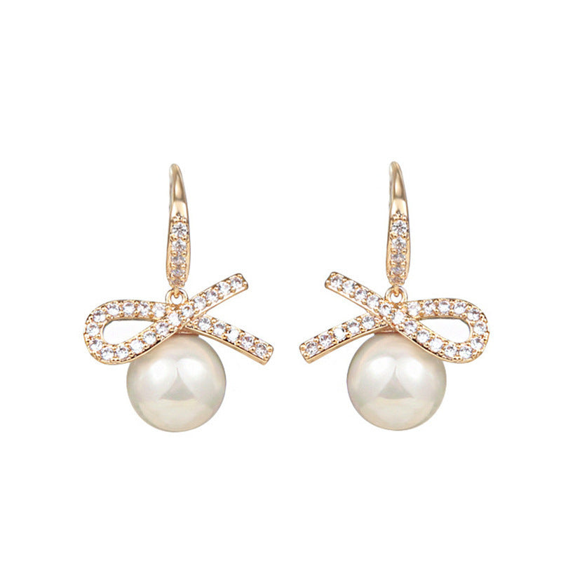 Wholesale  925 Silver Needle Elegant Diamond Bow Pearl Earrings