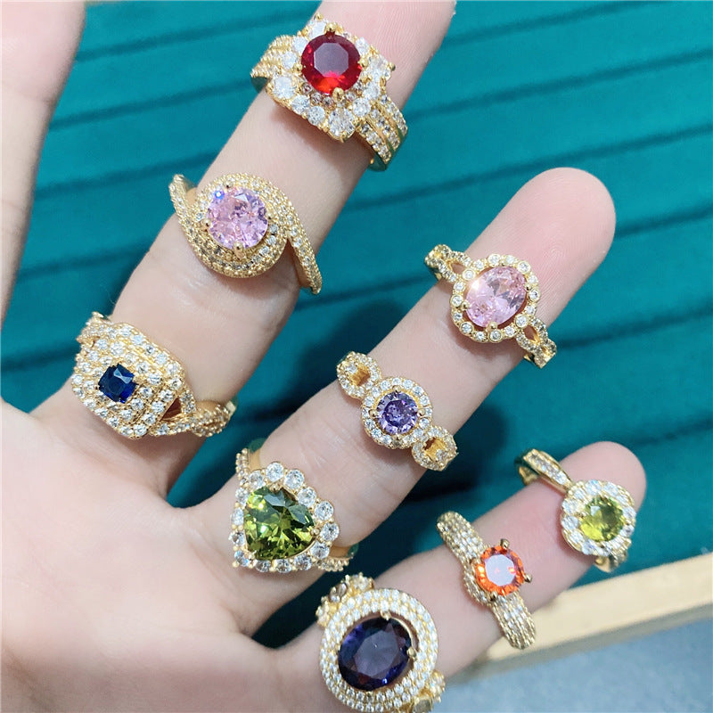 Wholesale 5pcs Colorful Zircon Ring Gold Micropaved Ring Gold Plated Rings ACC-RS-YunXi001