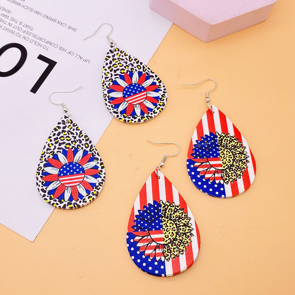 Wholesale American Independence Day Sunflower Leather Earrings ACC-ES-CY014