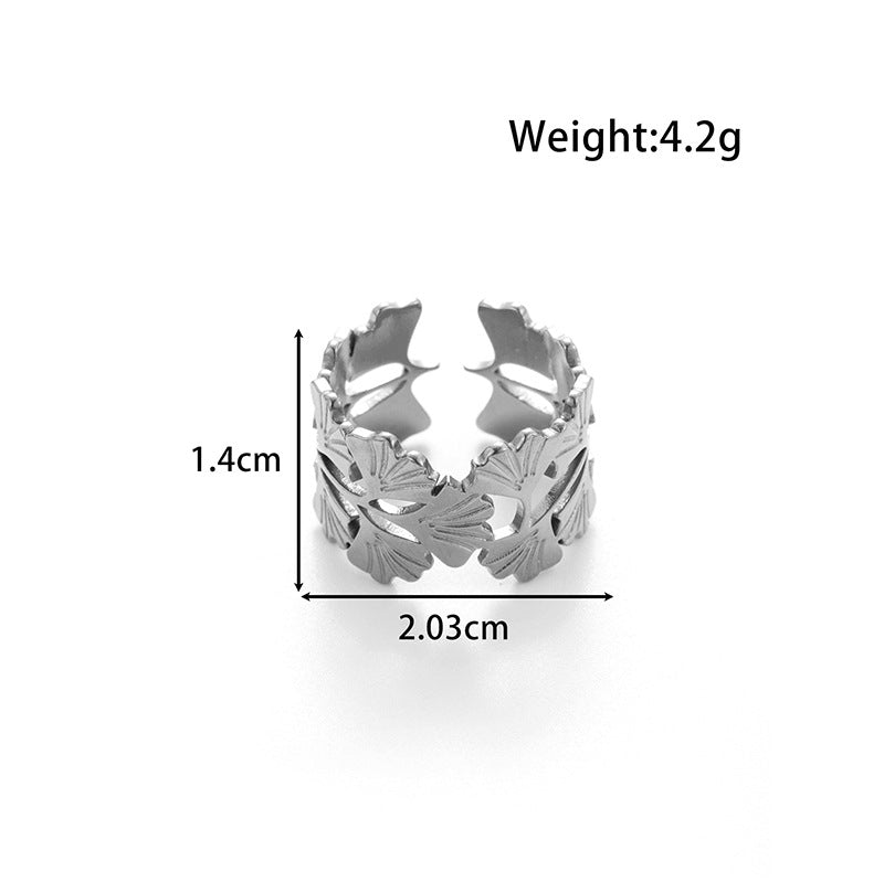 Wholesale Metal Advanced Sense Ginkgo Leaf Opening Titanium Steel Ring
