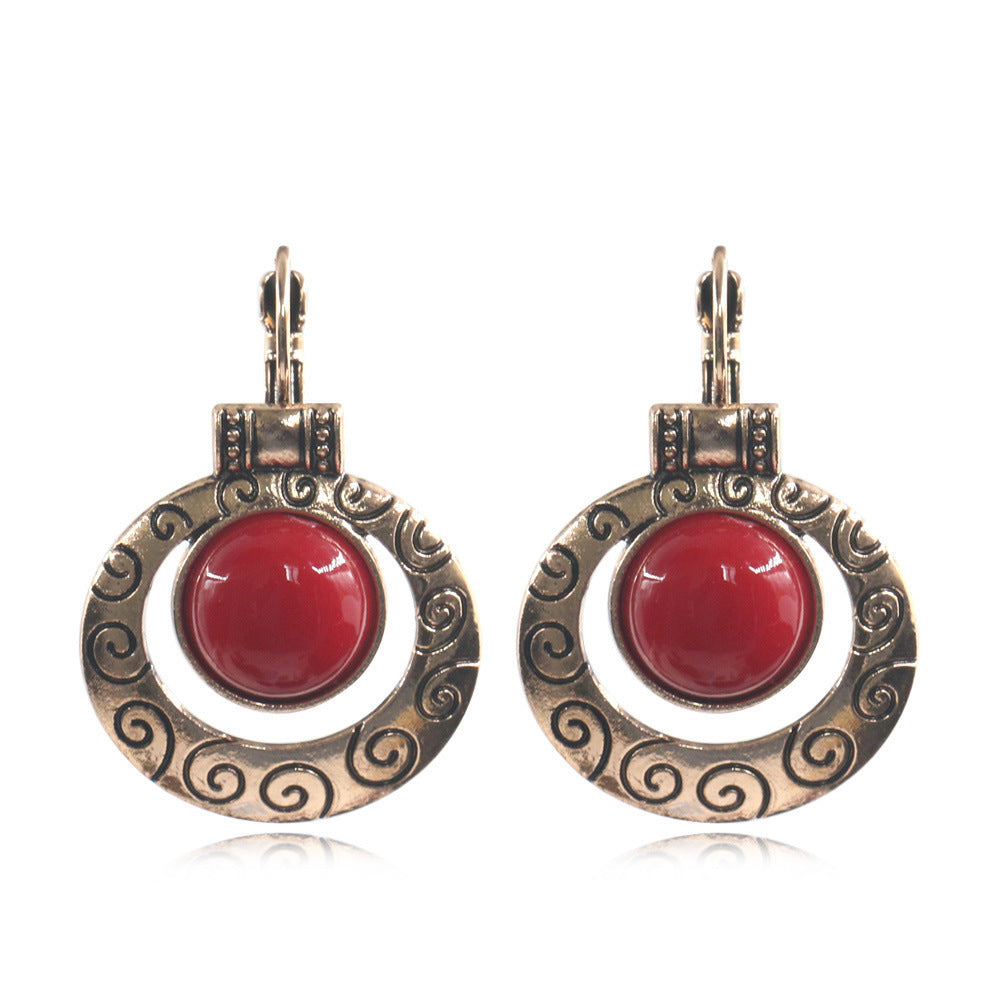 Wholesale French Retro Ethnic Style Red Rice Bead Round Earrings Alloy Dripping Oil Finish Everyday Wear Gift